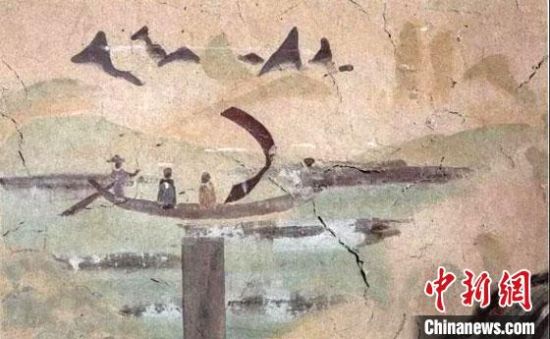 “一人搖櫓晃扁舟，兩人撐篙水上漂?！眻D為莫高窟第323窟《搖櫓帆船》（初唐）?！《鼗脱芯吭汗﹫D