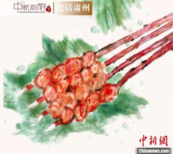 圖為酒泉美食“紅柳烤肉”繪畫作品。　杜興彥 攝