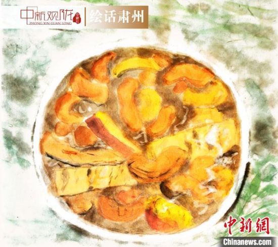 圖為酒泉美食“糊鍋”繪畫作品?！《排d彥 攝